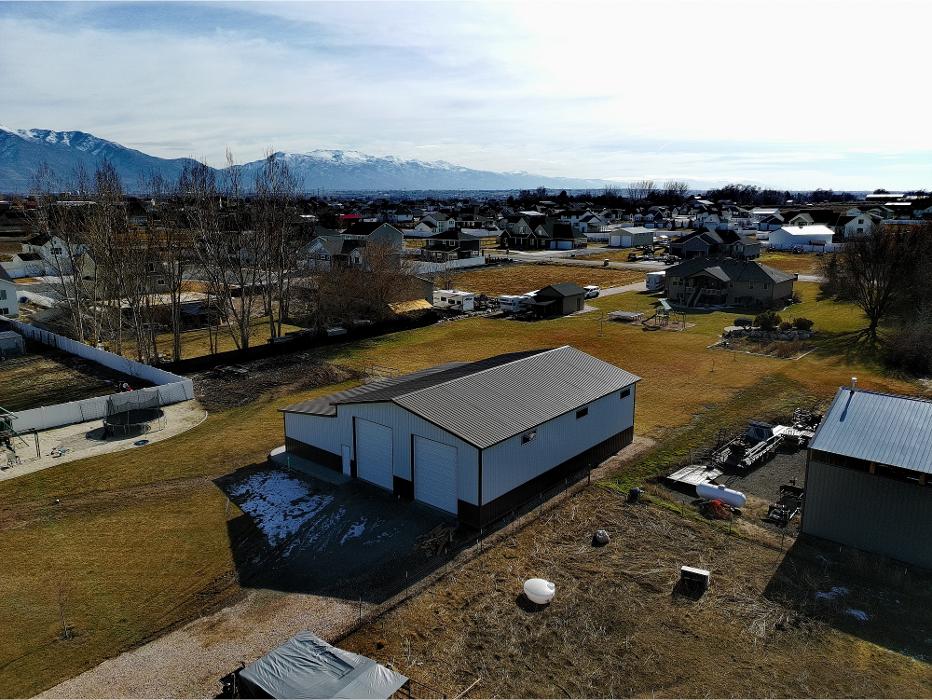 Aerial view of a custom pole barn by Sam Tams Company in Taylor, Utah. Serving Weber County and the Wasatch Front.