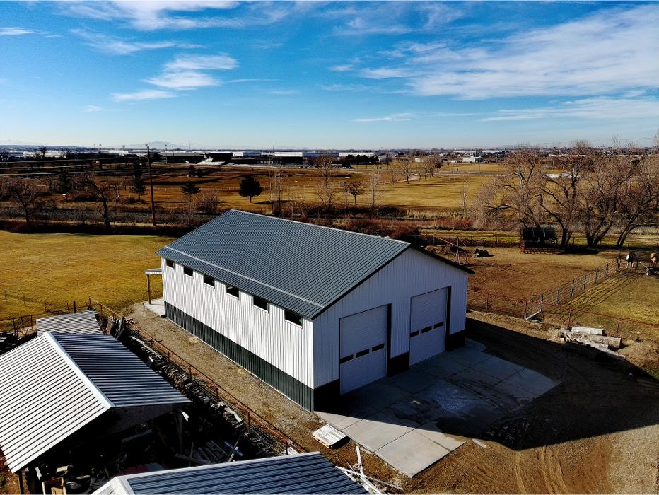 Aerial view of a custom pole barn by Sam Tams Company in Harrisville, Utah. Serving Weber County and the Wasatch Front.