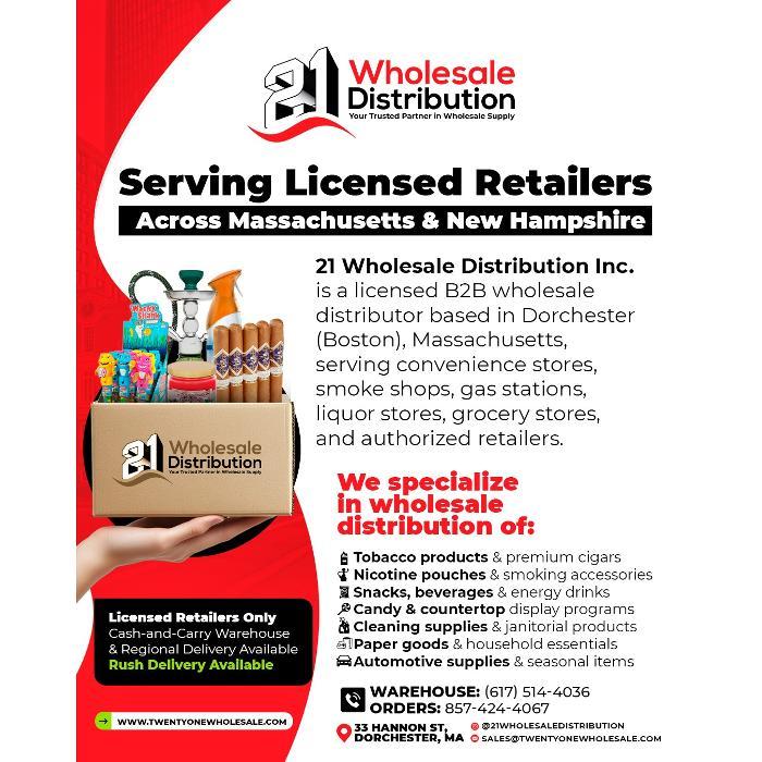 Wholesale supplier for smoke shops and retailers offering tobacco, cigars, and retail products in Massachusetts.