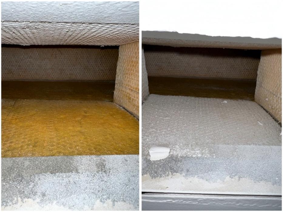 Side-by-side comparison showing dirty ductwork next to a cleaner duct interior, highlighting the results of professional air duct cleaning.