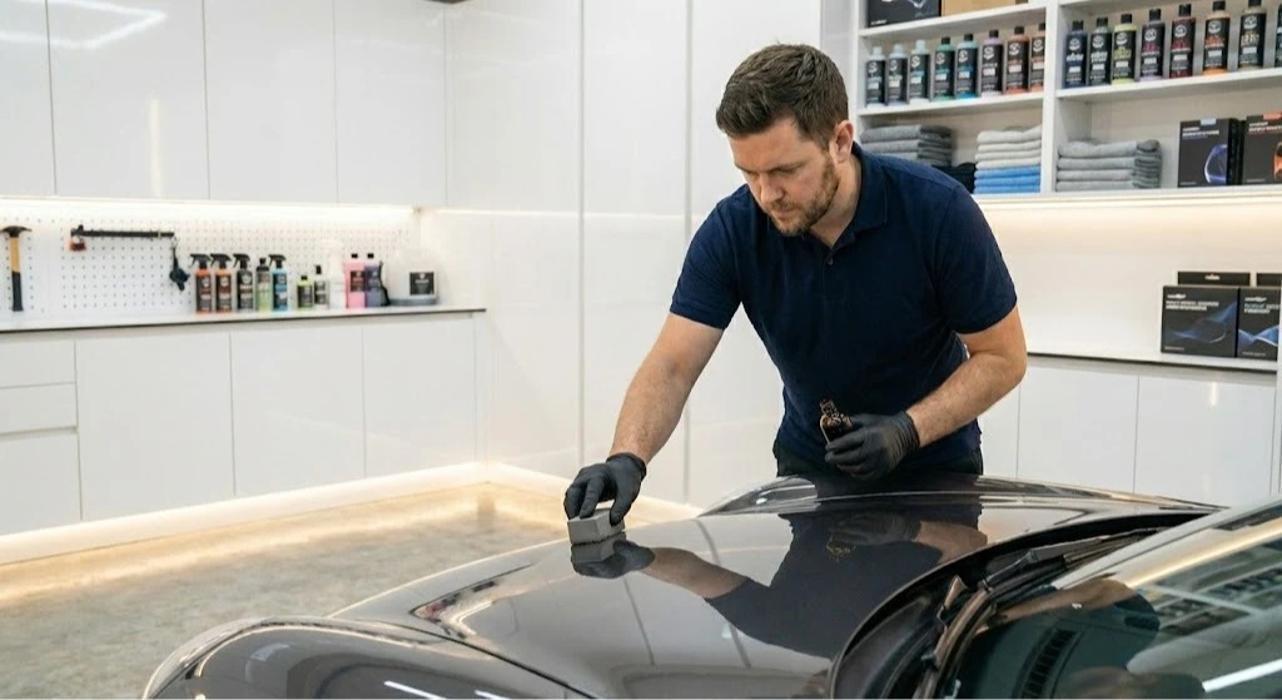 Ceramic coating being applied at KDM Auto Spa in Miami Beach Florida