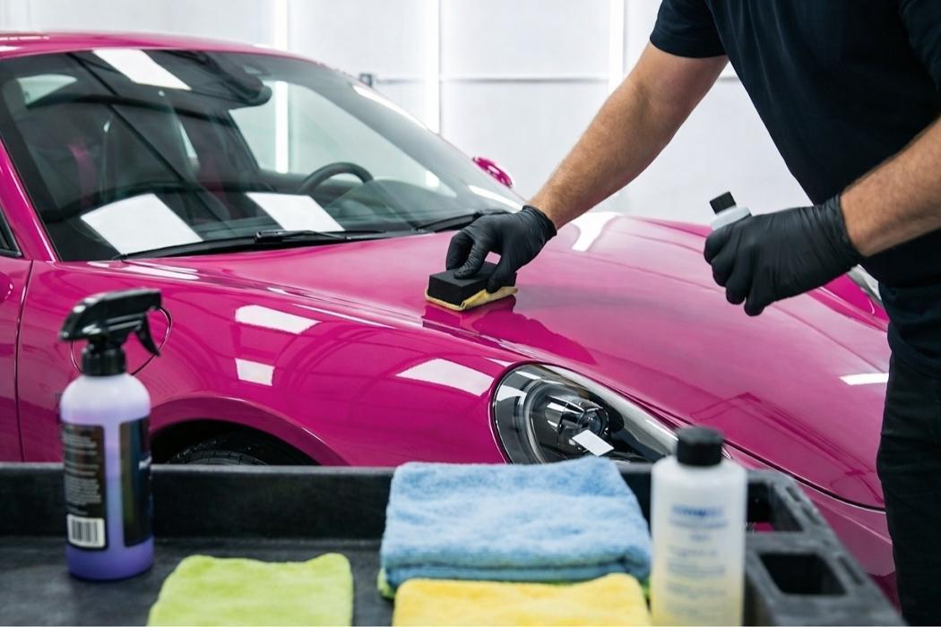 Ceramic coating being applied at KDM Auto Spa in Miami Beach Florida