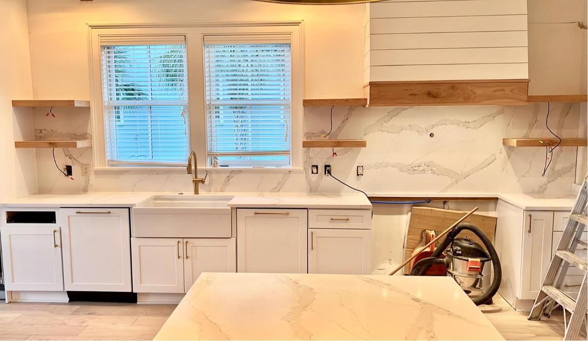 Custom cabinets and quartz countertops project by TS Cabinets in Charleston, SC. High-end custom kitchen cabinets, marble and granite countertops installation, and luxury kitchen remodeling services. 