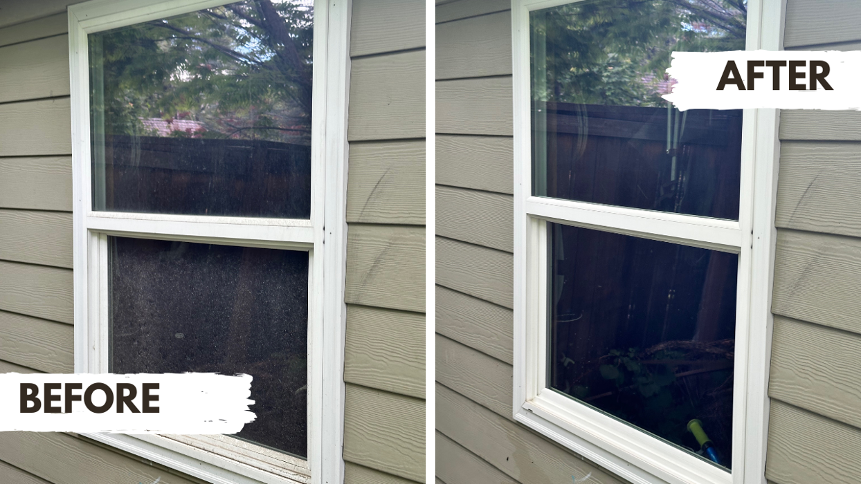Before and after photo of a very dirty window, Urban Window Wash cleaned