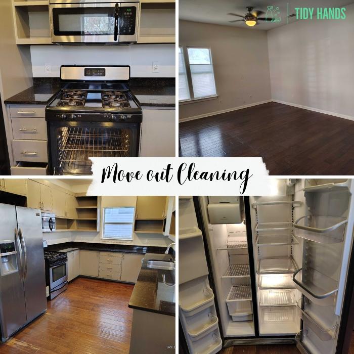 Tidy Hands Cleaners move-out cleaning service in Austin, TX, showing a cleaned kitchen with stove and refrigerator, an empty room with polished floors