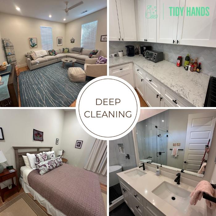 Tidy Hands Cleaners deep cleaning service in Austin, TX, showing a tidy living room, kitchen countertop, bedroom, and bathroom