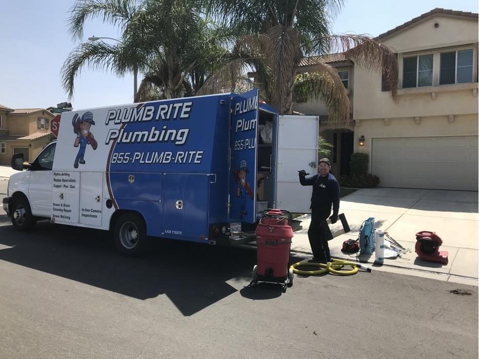 Plumb Rite Plumbing truck and technician at a Rancho Cucamonga, California home