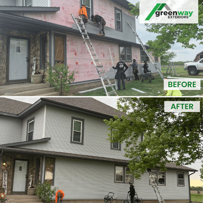 Before and after siding replacement in Wichita KS completed by Greenway Exteriors, highlighting professional installation and improved home exterior durability.