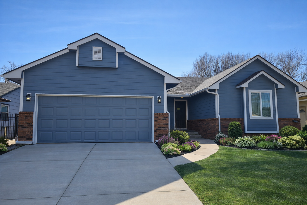 Wichita KS vinyl siding replacement project by Greenway Exteriors, featuring a modern blue home exterior with white trim and enhanced curb appeal