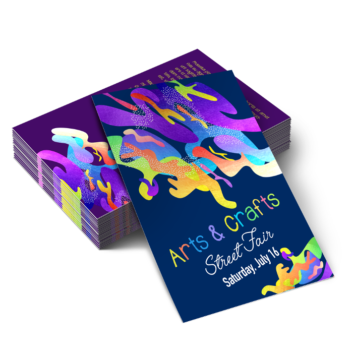 Colorful arts and crafts flyers stacked for printing at The Royal Prints
