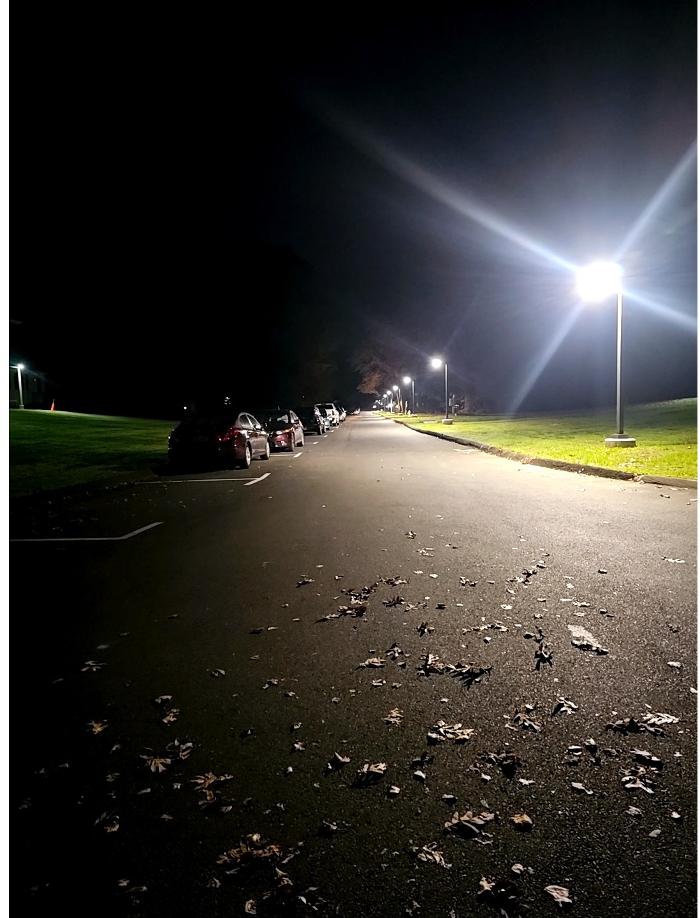 Commercial parking lot illuminated with pole lighting