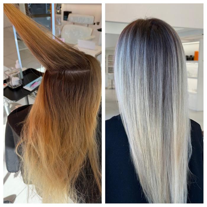 Before and after blonde color correction with icy platinum highlights and sleek straight hair at Logunova Beauty Salon