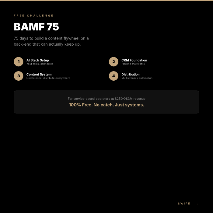 Free 75-day business systems challenge for service-based operators. AI stack setup, CRM foundation, content systems, and distribution automation. No cost, no catch.