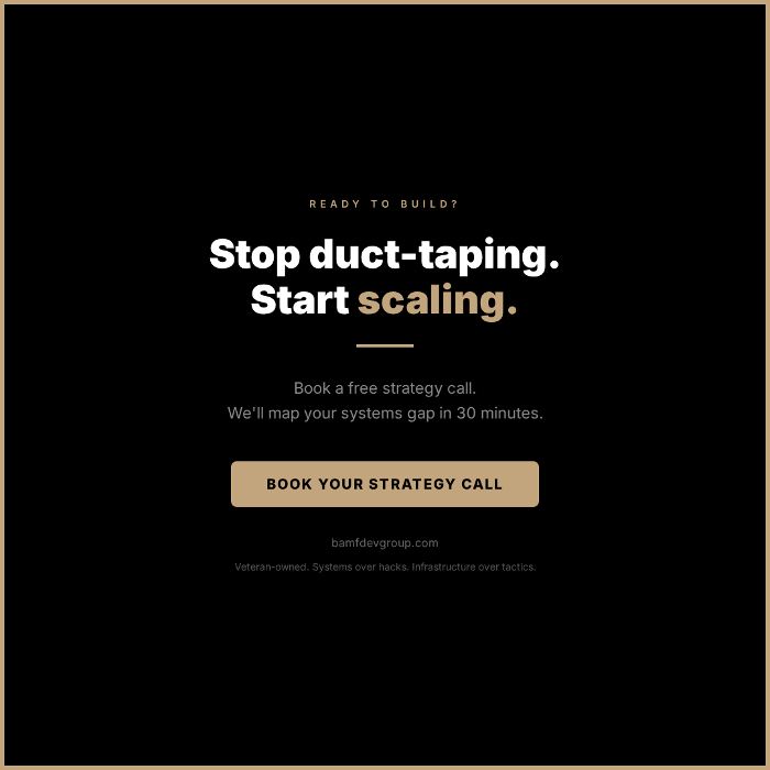 Book a free strategy call with BAMF Development Group. We map your systems gap in 30 minutes. CRM, automation, AI agents, and marketing infrastructure. bamfdevgroup.com