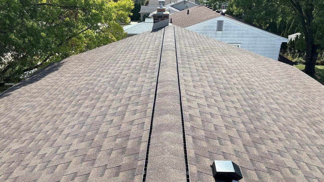 Ridge on newly installed roof in Plymouth, Michigan