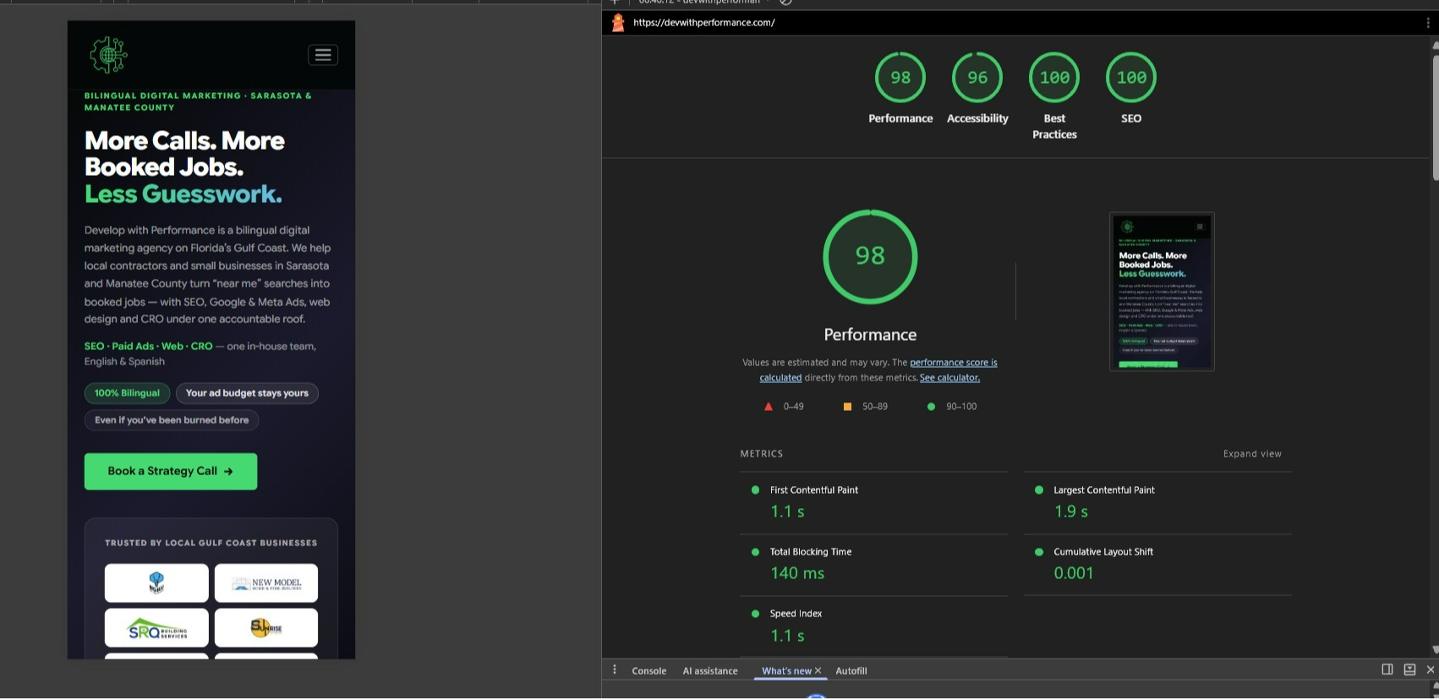 Transparent performance reporting from Develop with Performance. We manage and track Google Ads and digital marketing campaigns for Gulf Coast home-services businesses, turning ad spend into measurable leads and ROI.