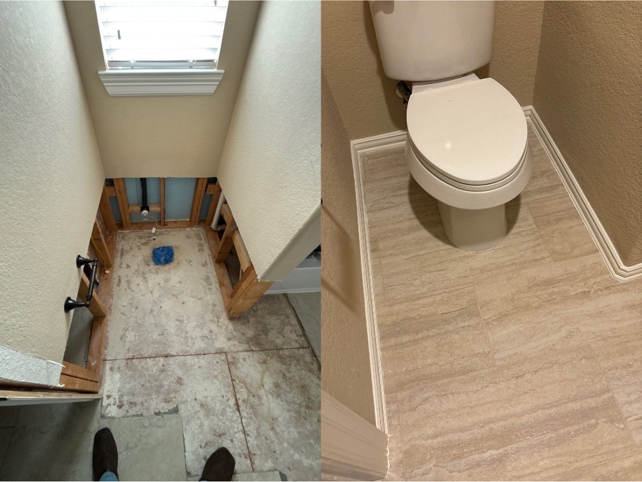 Bathroom rebuild in The Woodlands, TX. Replaced tile, installed new sheetrock, matched texture and paint. Installed new baseboards and door casing trim.