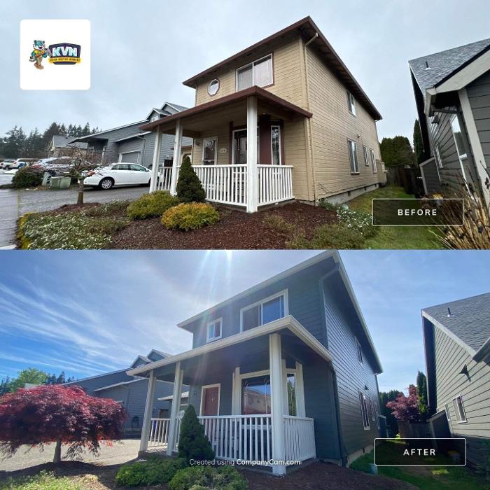 Before and after siding replacement project completed by KVN Construction in Clackamas, OR, showcasing upgraded exterior siding, enhanced curb appeal, and a modern home exterior transformation.