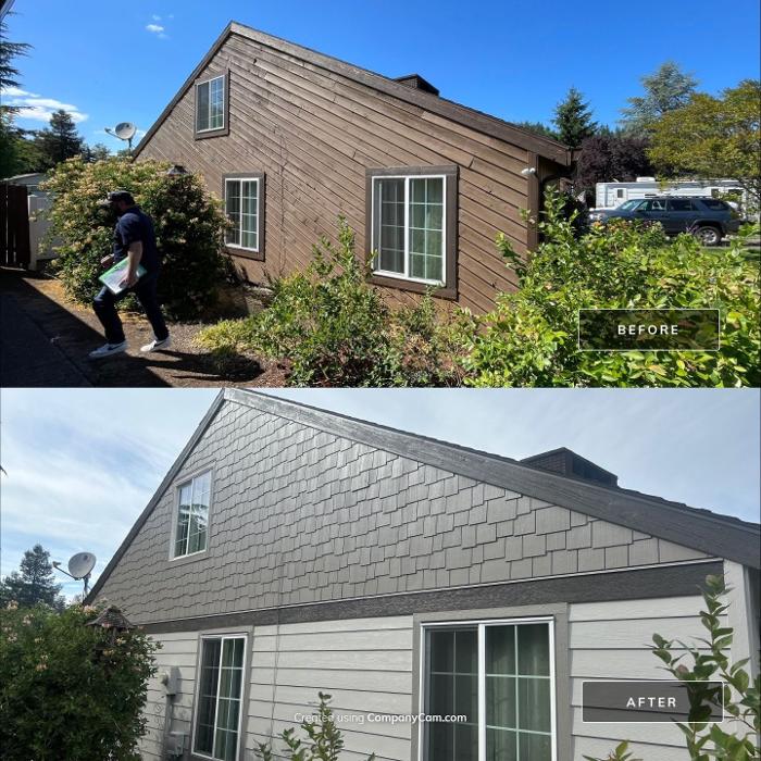 Before and after fiber cement lap siding replacement with shake-style gable accents by KVN Construction in Clackamas, OR, showcasing a durable exterior transformation.