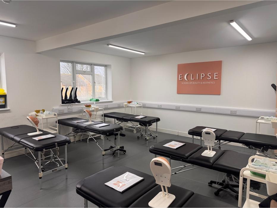 Practical classroom training at Eclipse School of Beauty & Aesthetics in Bexleyheath, promoting the Fast Track Aesthetics Course.