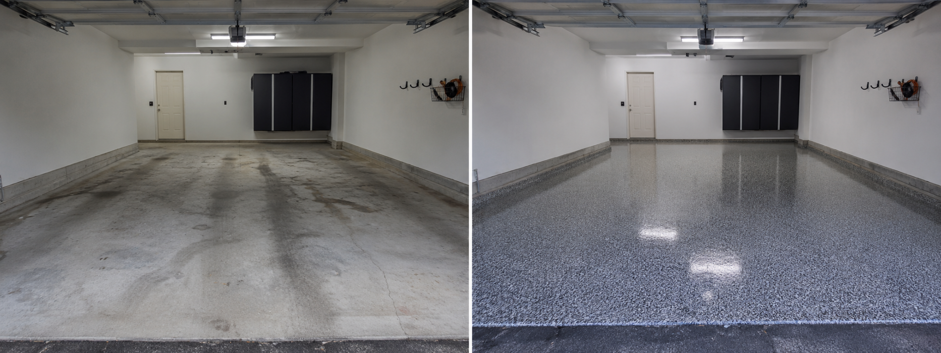 Before & after epoxy floor transformation in a 2-car garage in Frisco, TX. Chip-flake broadcast system with a polyaspartic topcoat — UV-stable, slip-resistant, and walk-ready in 24 hours. Installed by LNM Epoxy, serving the Dallas–Fort Worth metro.