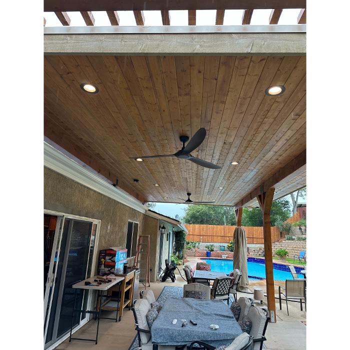 Covered patio ceiling fan and lighting installation, San Diego.