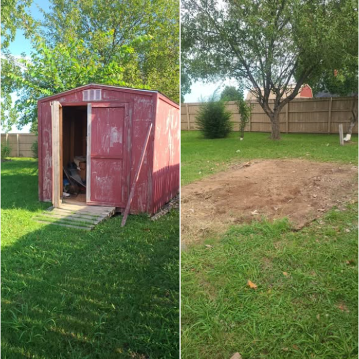 Before-and-after shed removal with the structure hauled away and the yard cleared.