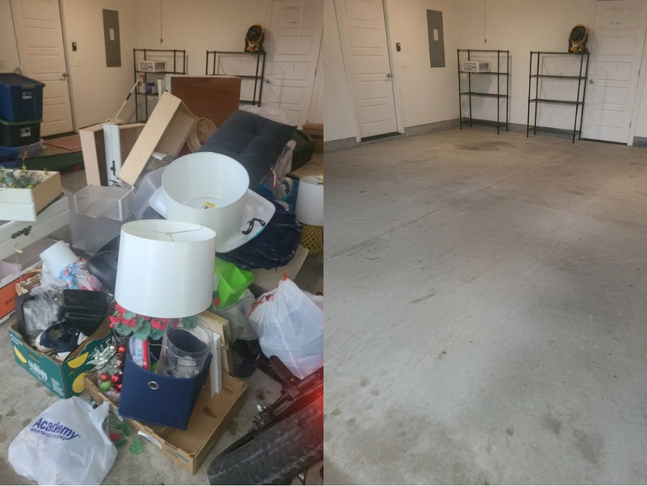 Before-and-after garage cleanout with furniture, bags, containers, and loose household items removed.