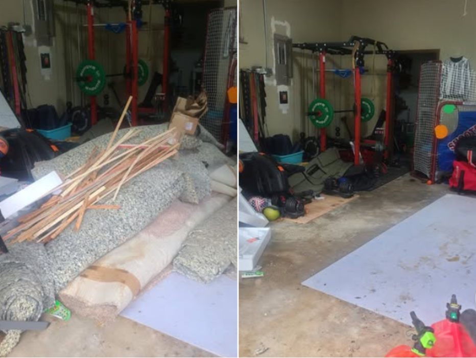 Before-and-after garage cleanout with lumber, tools, and household debris removed.