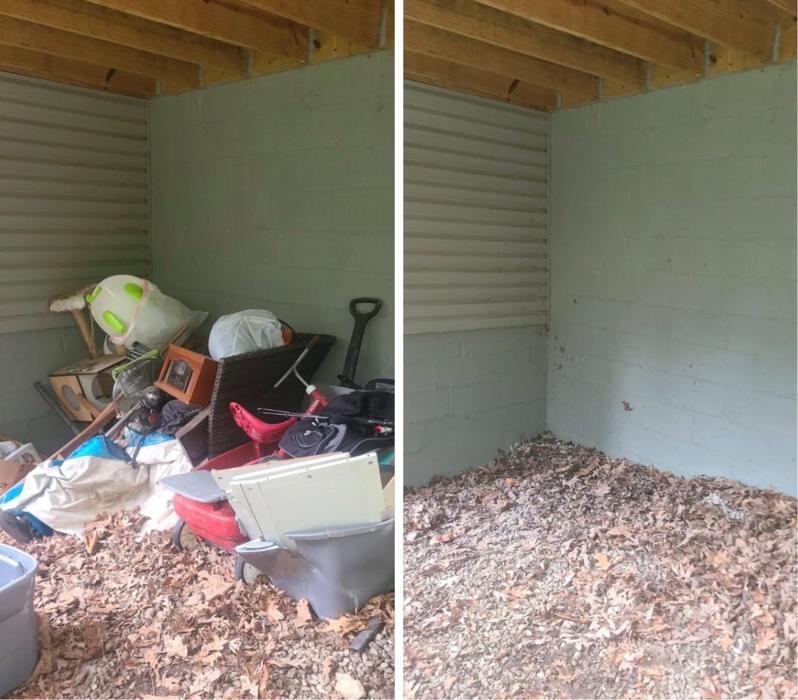 Before-and-after storage shed cleanout with unwanted items and debris removed.