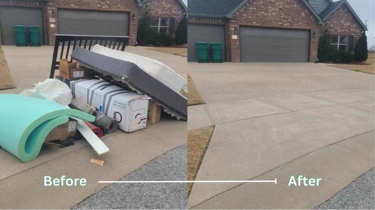 Before-and-after curbside junk pickup with a mattress, furniture, and household items removed from the driveway.