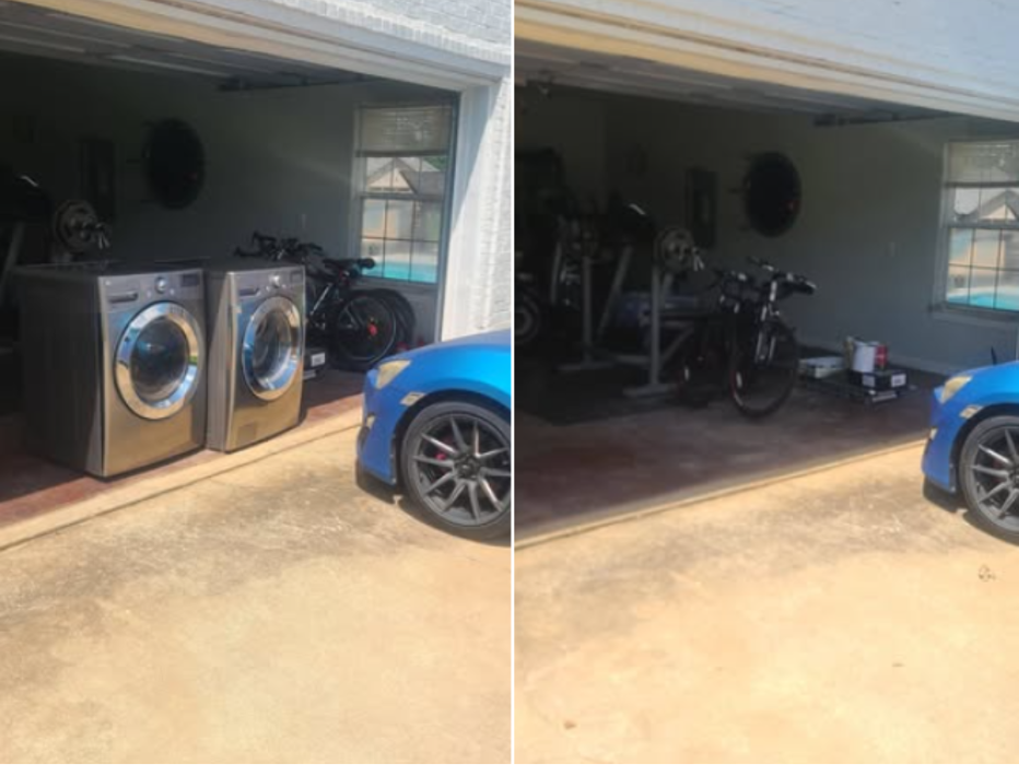 Washer and dryer removal from a residential garage by Chums Junk Removal.