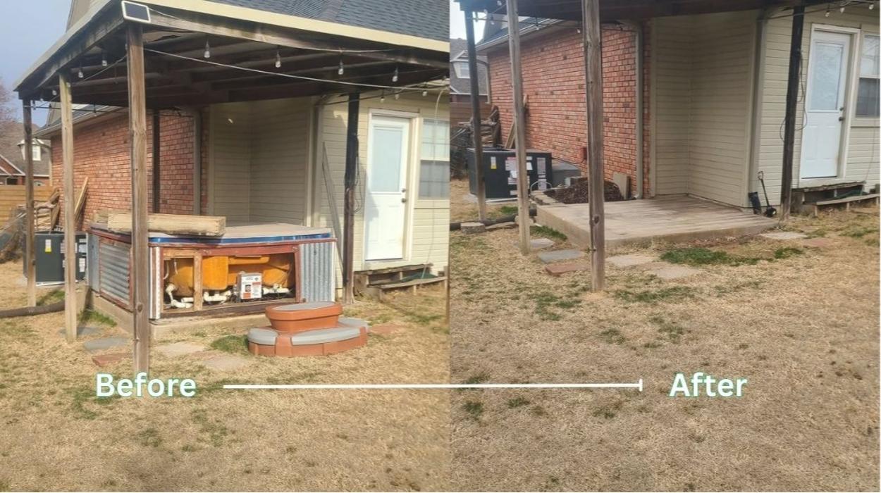Before-and-after residential outdoor cleanup with unwanted junk and debris removed from the property.