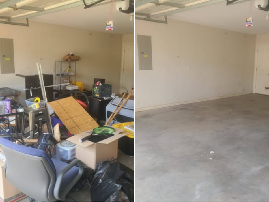 Before-and-after full garage cleanout with furniture, boxes, and household clutter hauled away.