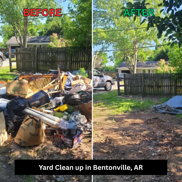Before-and-after yard cleanup in Bentonville, Arkansas, with bulky junk and outdoor debris removed.