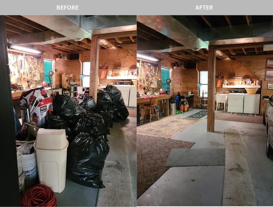 Before-and-after basement cleanout with bags, boxes, and household clutter hauled away.