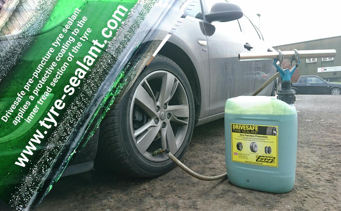 Drivesafe tyre sealant pre-puncture application seals the tyre in the unfortunate event of sustaining a puncture, water soluble gel allows a repair to be undertaken.