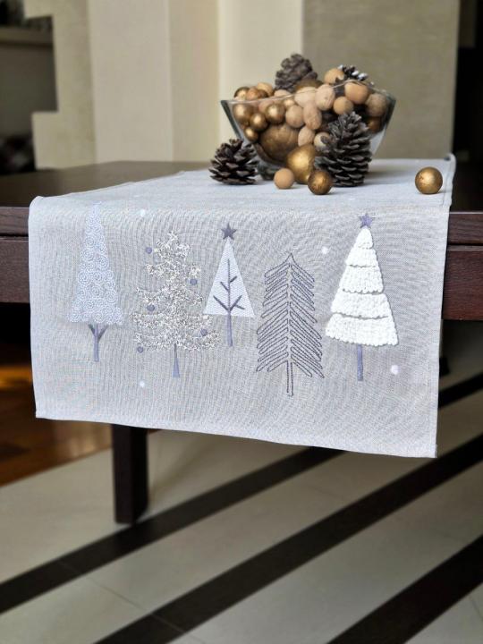 Ранер новорічний (Аплікація ялинки на сірому, 40х140)