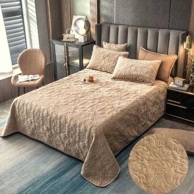 Покривало велюрове з наволочками (Темно-бежевий, 200х220)