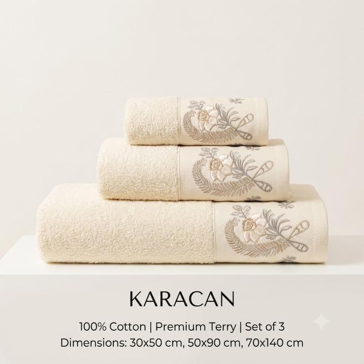Комплекти рушників з вишивкою KARACAN 3шт. (Кремовий, 30х50/50х90/70х170)