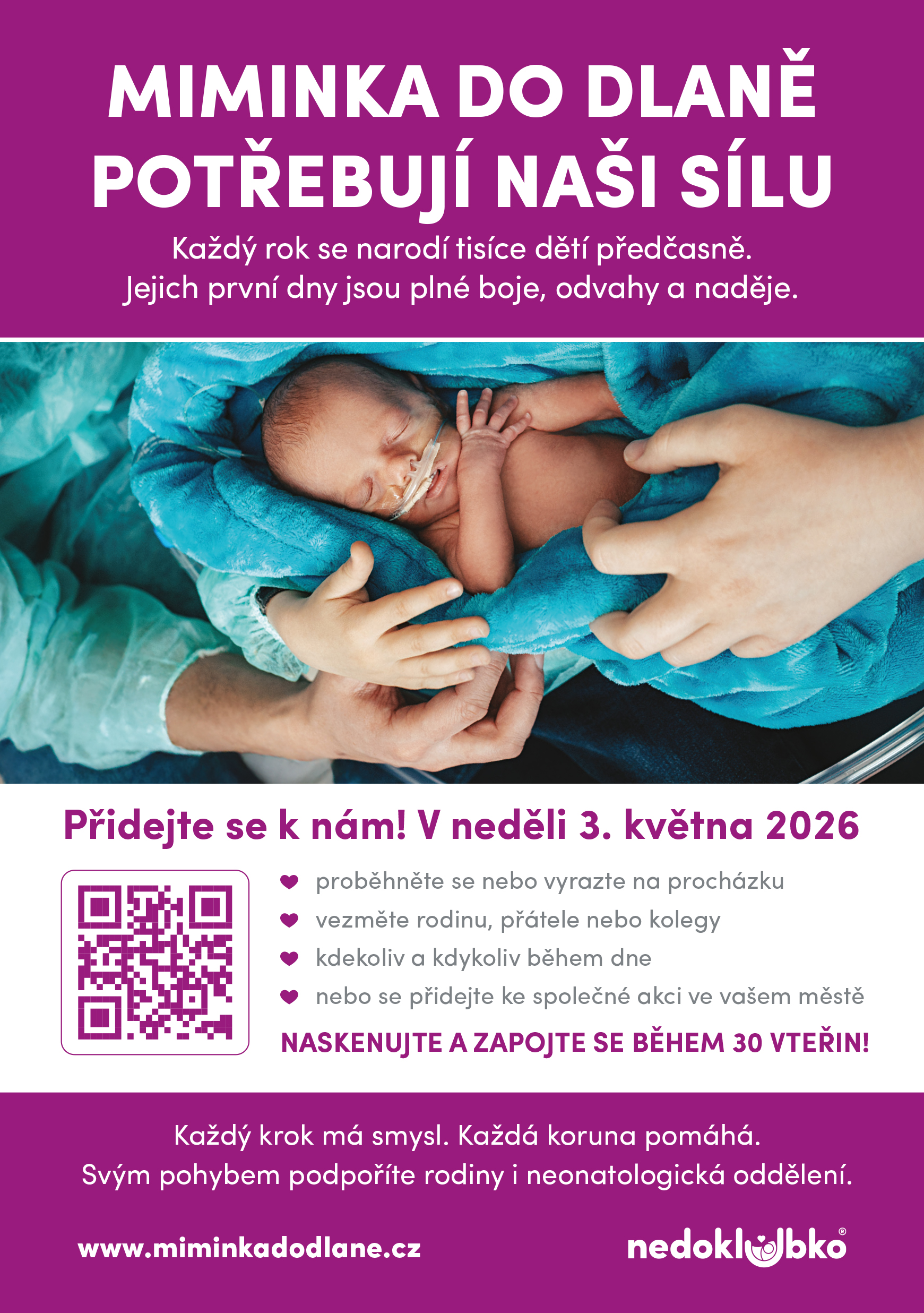 Dárcovská výzva pro projekt Běh a procházka pro MIMINKA DO DLANĚ po celé ČR 2026