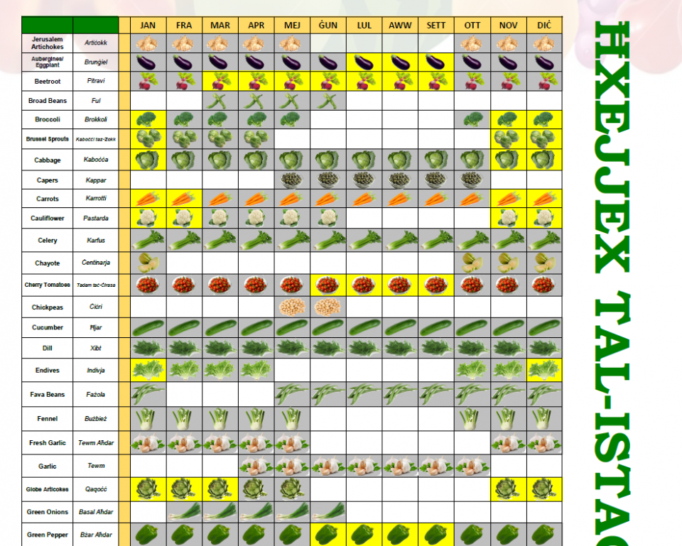 Calendars of Seasonal Fruit and Vegetable in Malta.