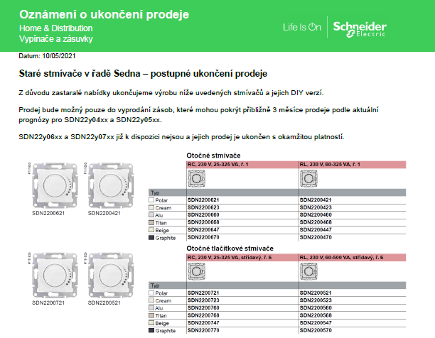 Ukončení prodejů starých verzí stmívačů Sedna a jejich náhrada