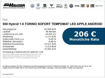 SPOTICAR Fiat 500 Hybrid 1.0 Torino Sofort Tempomat Led Apple Androi Gebraucht - Kleinwagen Benzin  - Pohlheim - 1201231486_2