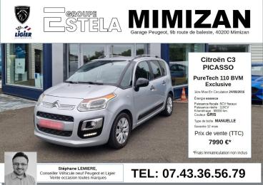 SPOTICAR Citroën C3 Picasso Puretech 110 Bvm Exclusive Occasion - Monospace Essence Gris Clair - Mimizan - 1204131733_1