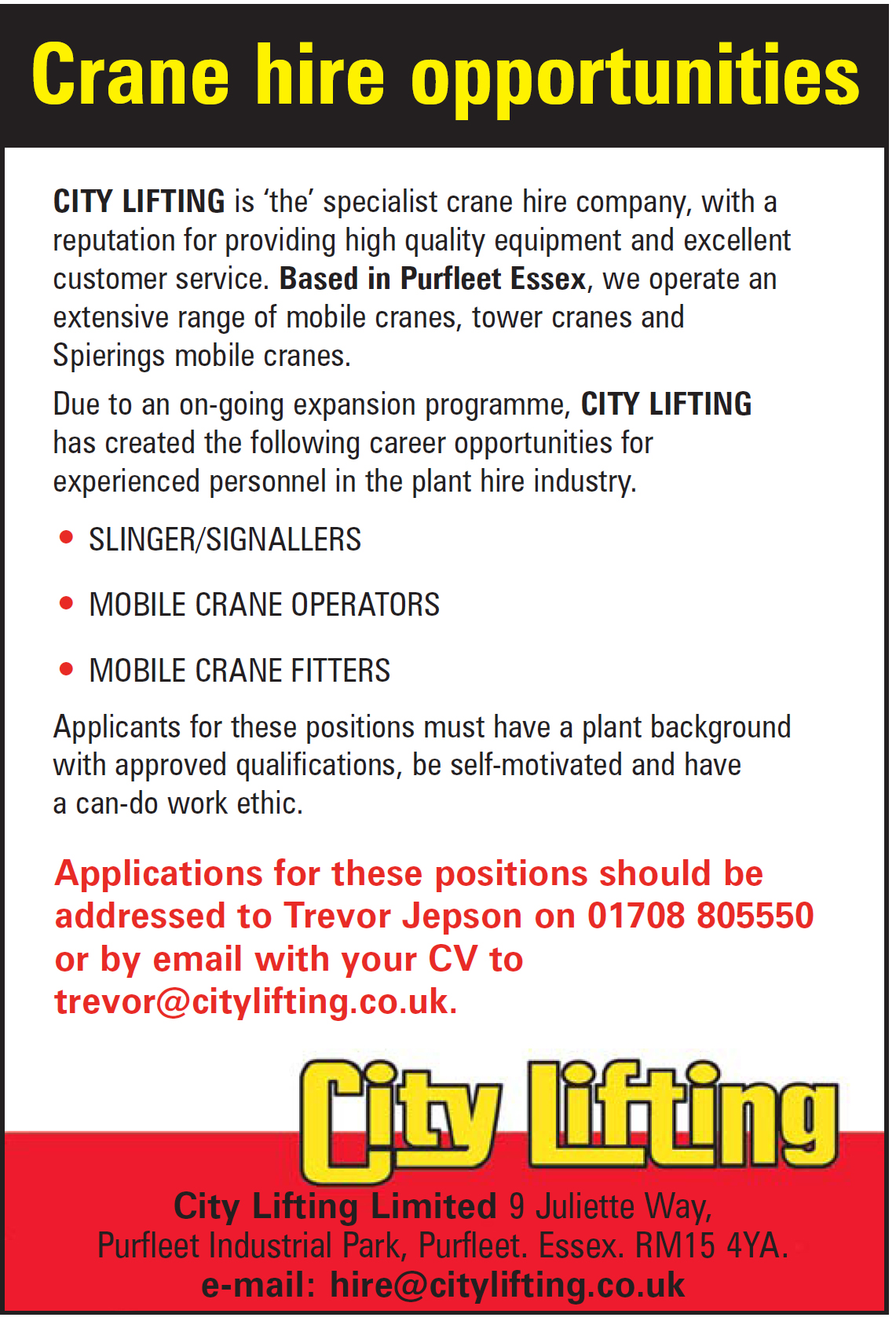 Slinger/Signallers, Mobile Crane Operators, Mobile Crane Fitters Job