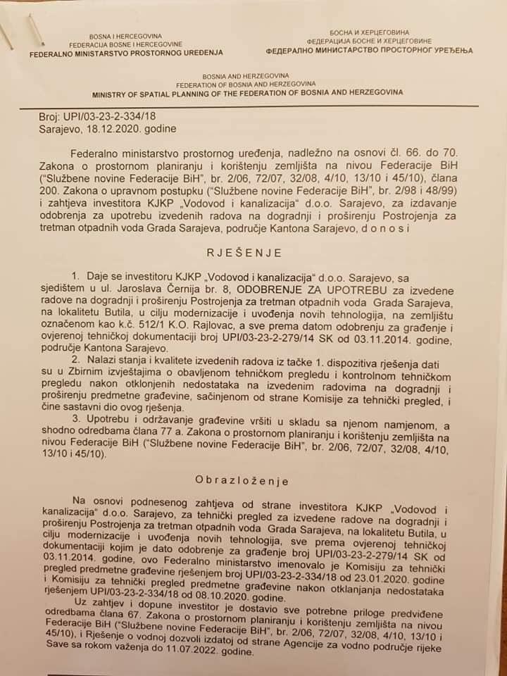 Postrojenje za tretman otpadnih voda DOBILO UPOTREBNU DOZVOLU