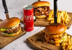 1 Vivi's burger, 1 Evira's double burger, 1 Mexico burger & 1 Coca-Cola 330ml