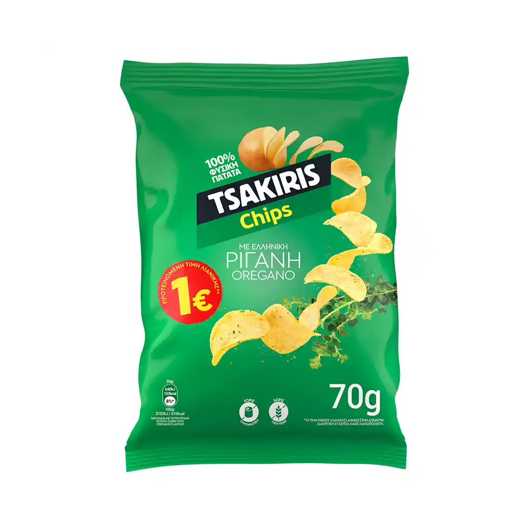 TSAKIRIS CHIPS ΜΕ ΡΙΓΑΝΗ 70ΓΡ Π.Τ. 1Ε