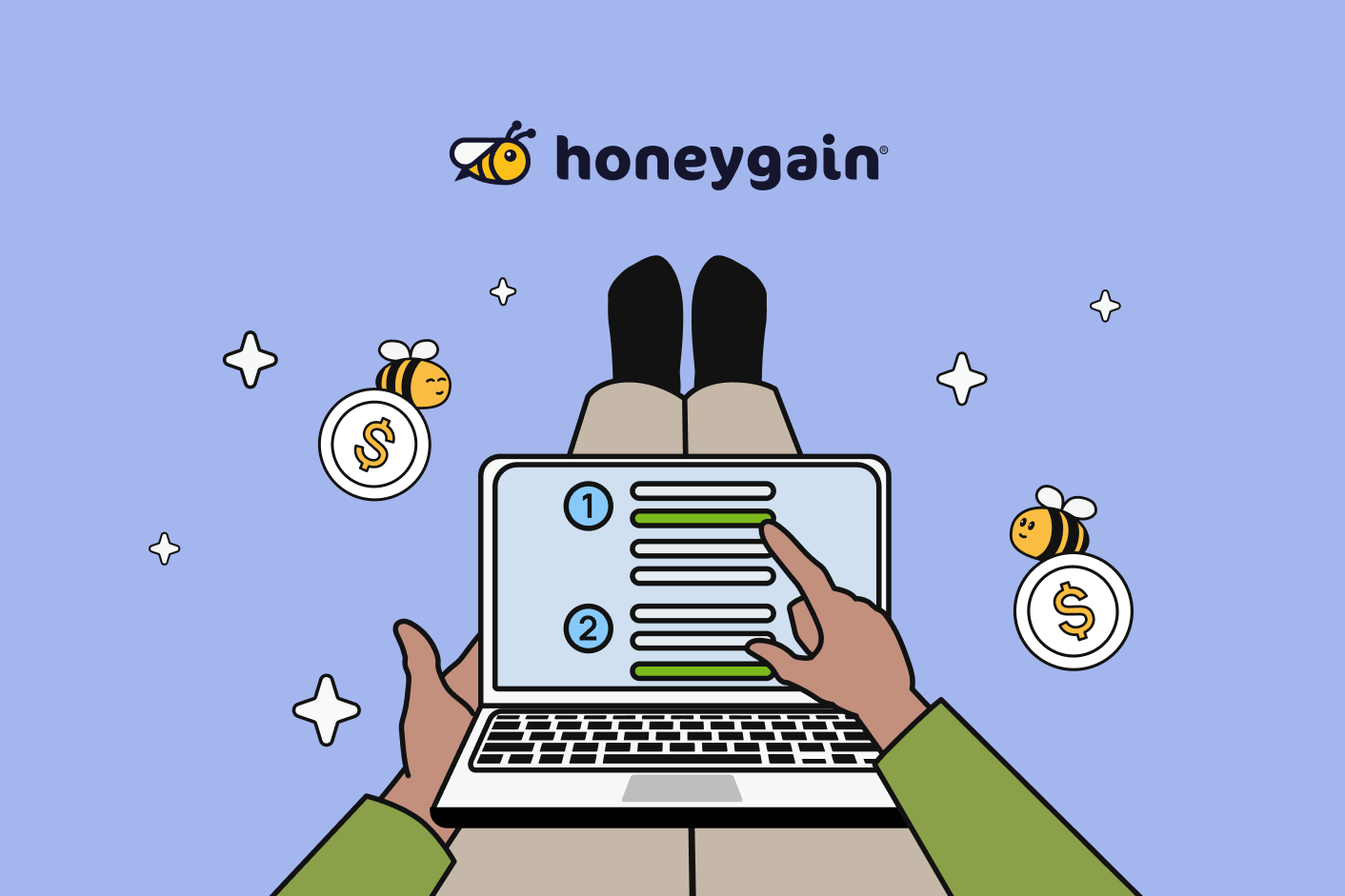 Person using a laptop while bees deliver coins, representing passive income earned online